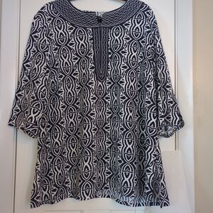 Carole Little Woman Tunic Top 3/4 Sleeve Navy Blue White Linen Sz. 2X